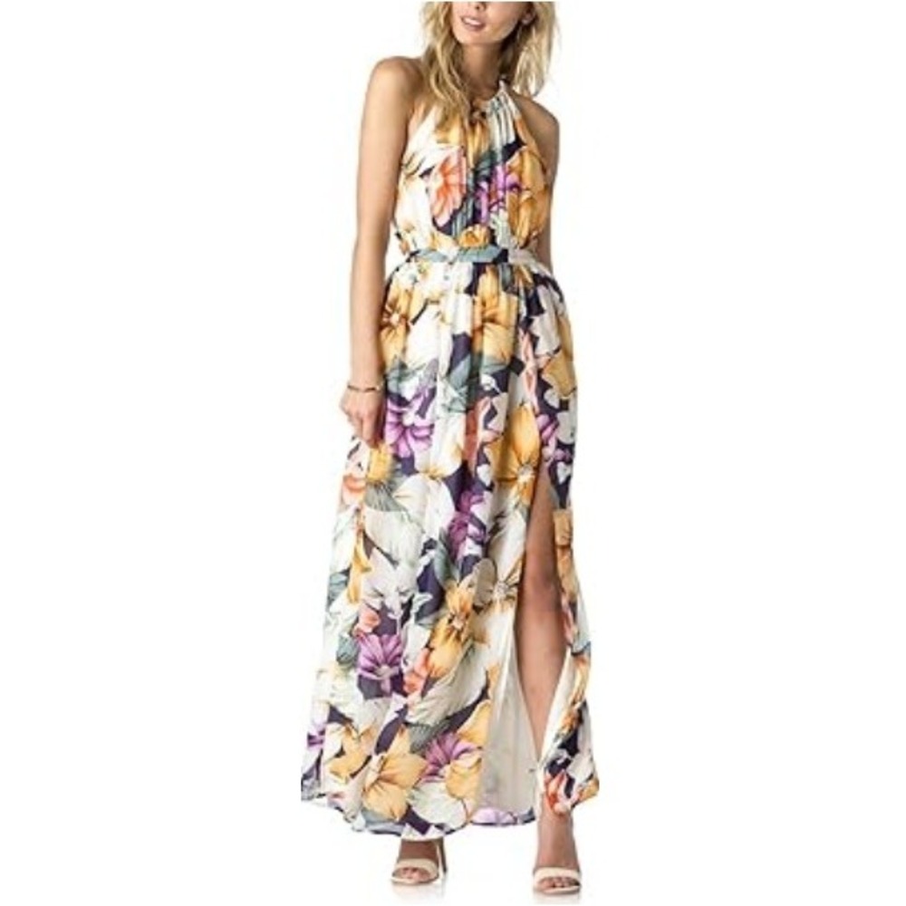 Miss Me Women's Floral Tropical Print Strappy Open Back Halter Maxi Dress Size S